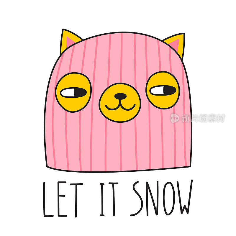 可爱的猫戴着粉红色的巴拉克拉瓦帽，上面写着“LET IT SNOW”。涂鸦风格。矢量图